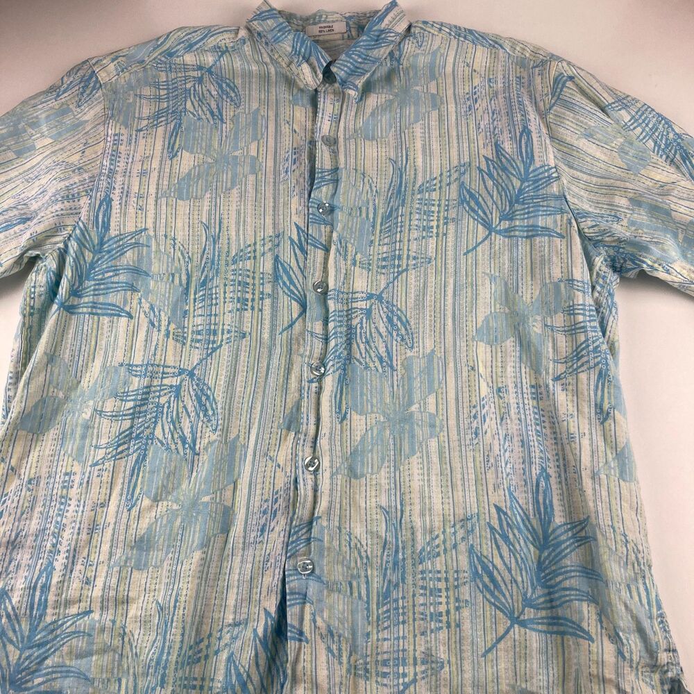 Visitor Mens XL 100% Linen Hawaiian Shirt Blue Tropical Leaf Short Sleeve
